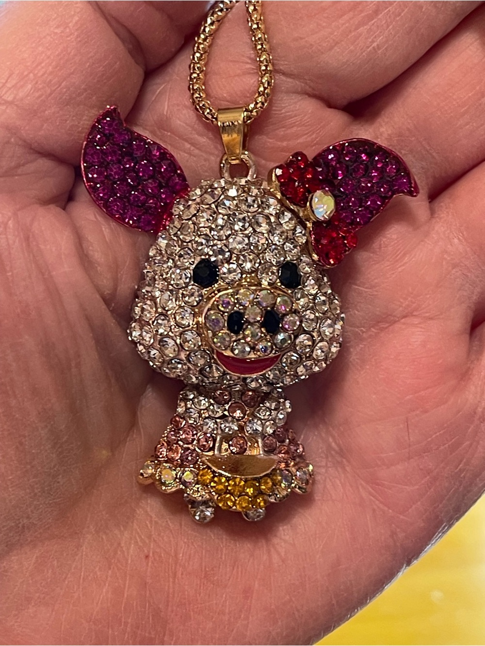 Crystal Pig Pendant Necklace - Pink, Gold, Yellow Accents NWOT